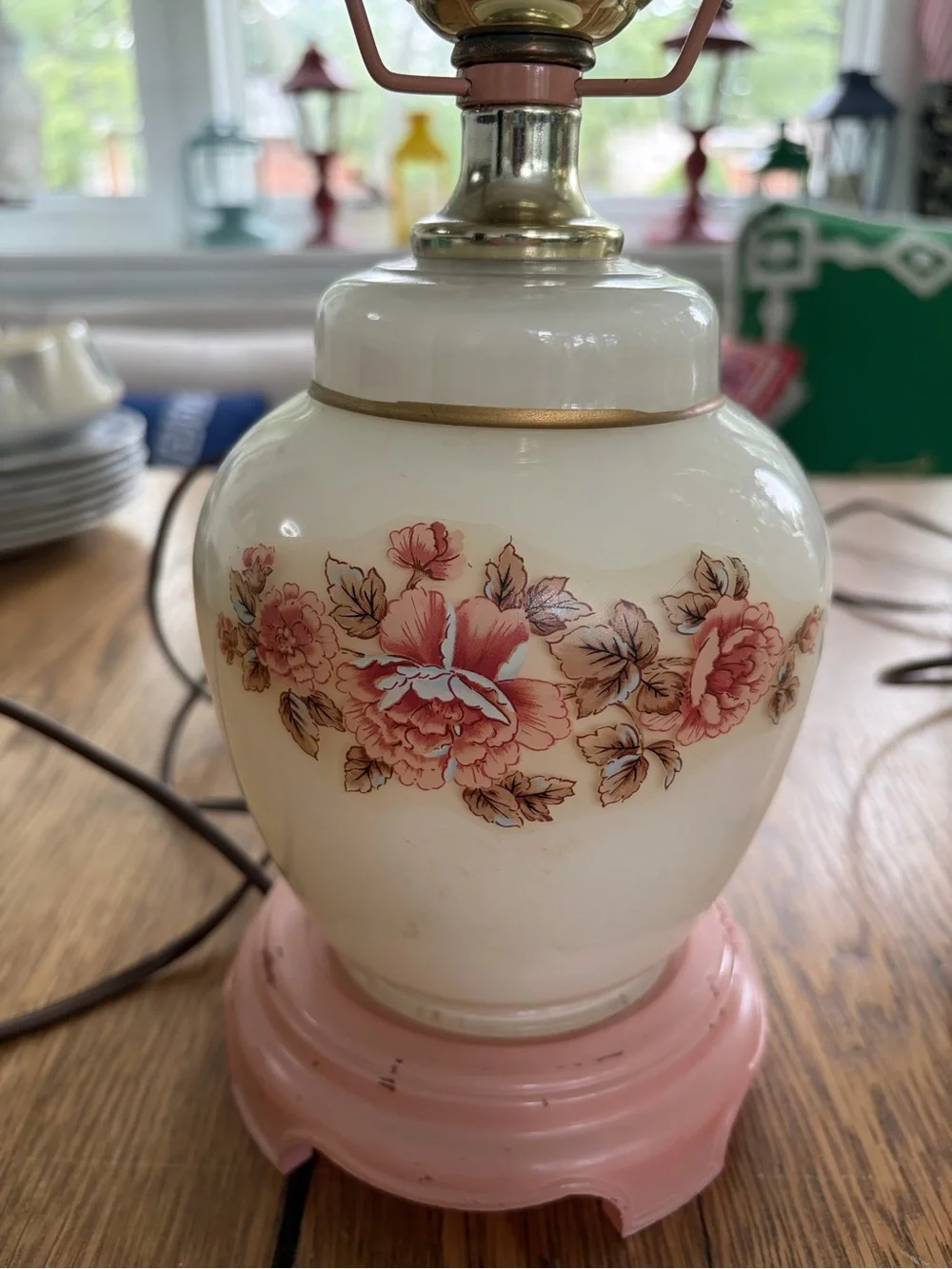 Source Unknown Pink and Cream Floral Glass Lantern Lamps, Pair